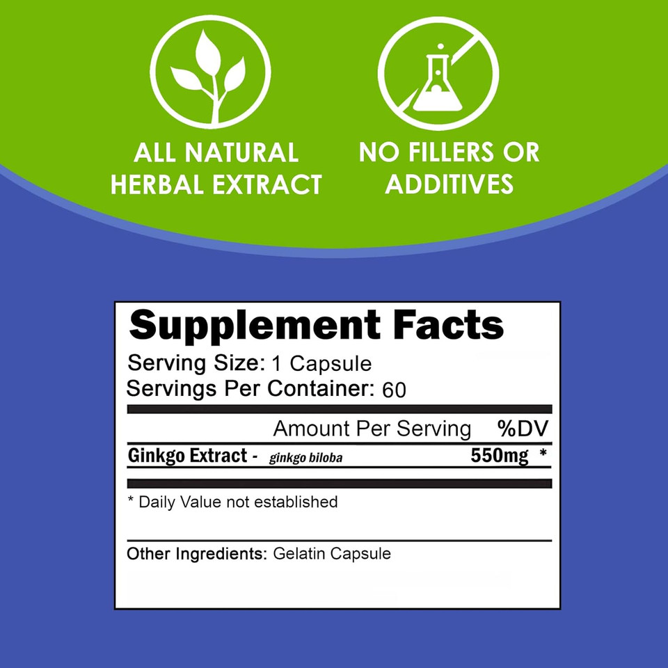 Vh Nutrition Ginkgo Biloba | 550Mg Standardized Extract Supplements | Cognitive And Memory Support* | Boost Mental Clarity And Focus | Brain Health Supplement | 60 Capsules