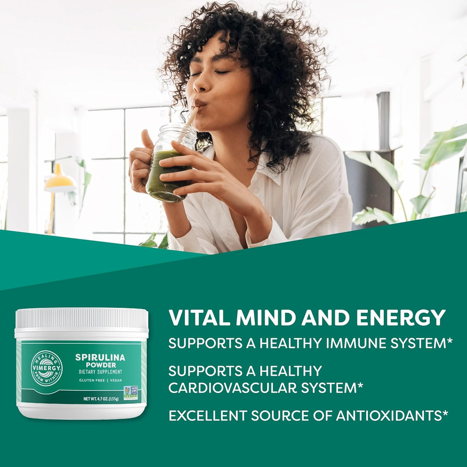 Vimergy Natural Spirulina Powder, Trial Size - 45 Servings  Super Greens Powder  Nutrient Dense Blue-Green Algae Superfood For Smoothies & Juices - Non-Gmo, Gluten-Free, Vegan & Paleo (135G)