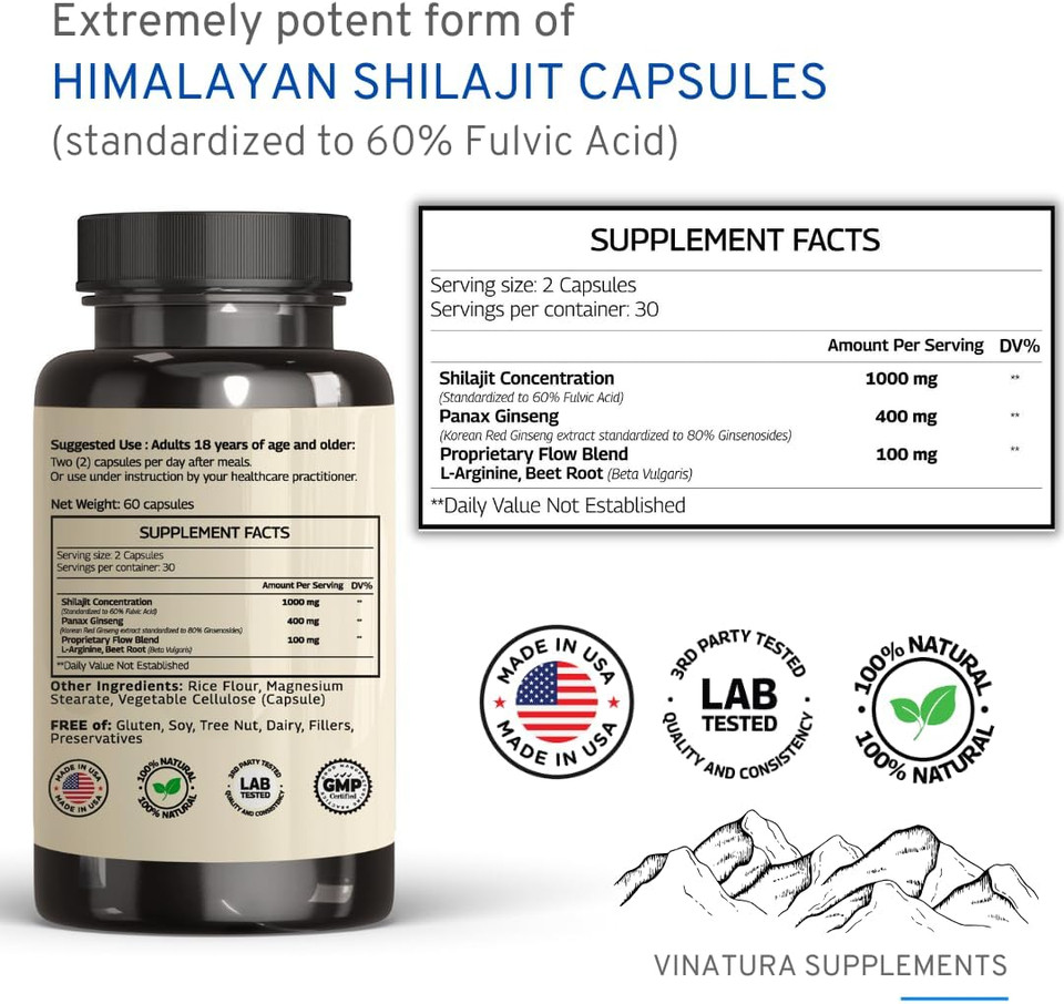 Shilajit Pure Himalayan Capsules (60% Fulvic Acid) - 1500Mg With Panax Ginseng, Shilajit Supplement Per Serving - High In Trace Minerals *Usa Made & Tested* Immune Support Shilajit Pure Himalayan Capsules (60% Fulvic Acid) - 1500Mg With Panax Ginseng, Shilajit Supplement Per Serving - High In Trace Minerals *Usa Made & Tested* Immune Support