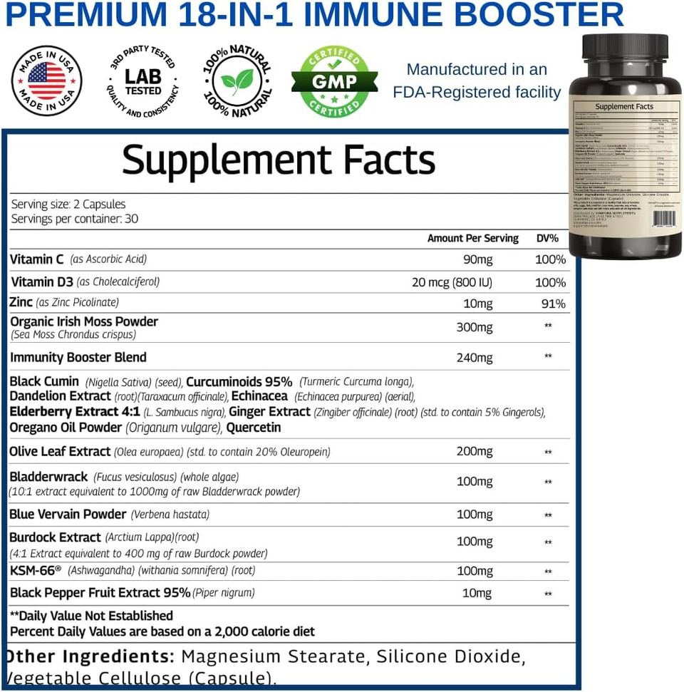Organic Sea Moss, Blue Vervain - With Black Seed Oil, Ashwagandha, Ginger, Burdock Root Capsules - 1250Mg Per Serving, *Usa Made &Tested* Immune Booster For Adults