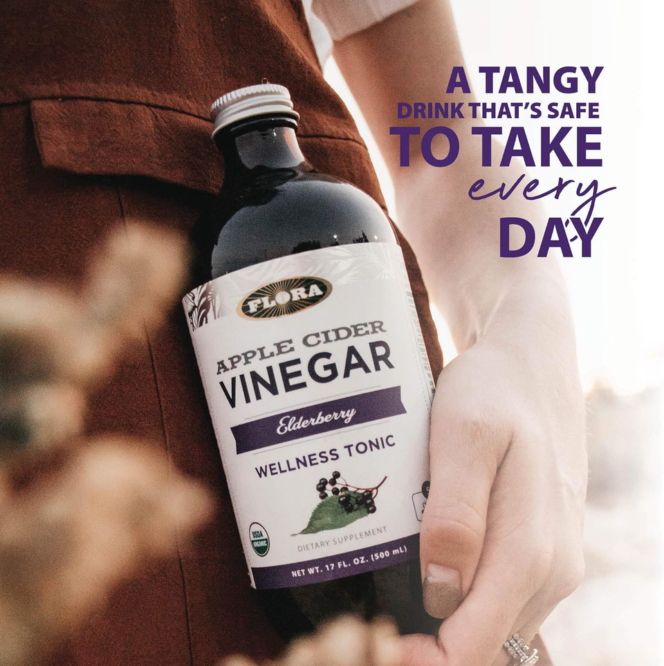 Flora - Apple Cider Vinegar - Elderberry, Wellness Tonic, Non Gmo Dietary Supplement, Contains Five 100Ml Shots, 17-Fl. Oz. Glass Bottle