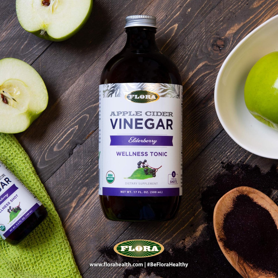 Flora - Apple Cider Vinegar - Elderberry, Wellness Tonic, Non Gmo Dietary Supplement, Contains Five 100Ml Shots, 17-Fl. Oz. Glass Bottle