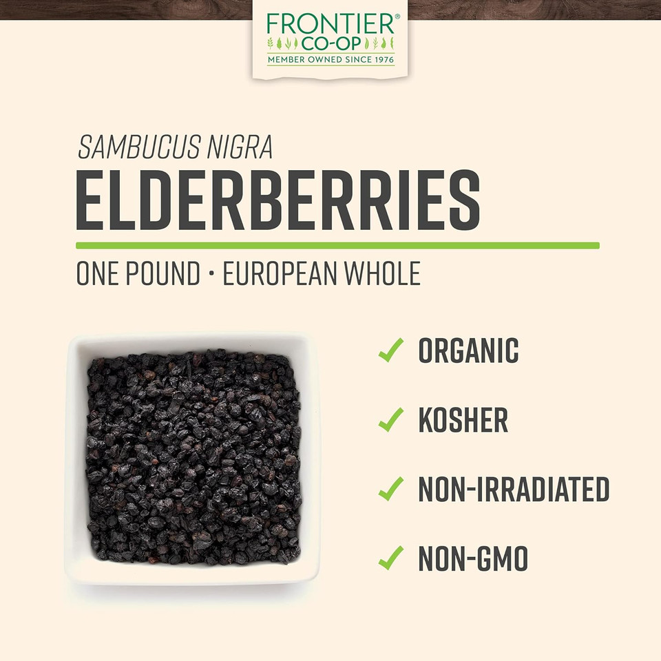 Frontier Co-Op Organic Dried Elderberries, 1Lb Bulk Bag, European Whole | Kosher & Non-Gmo Organic Elderberry Berries Dried, For Tea, Immune Support