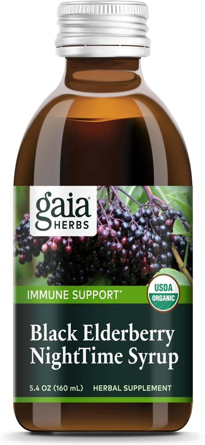 Gaia Herbs Black Elderberry, Nighttime Syrup - Immune Support Supplement - With Organic Black Elderberries, California Poppy & Lemon Balm For Restful Sleep & Immune Defense - 3 Fl Oz (18-Day Supply)