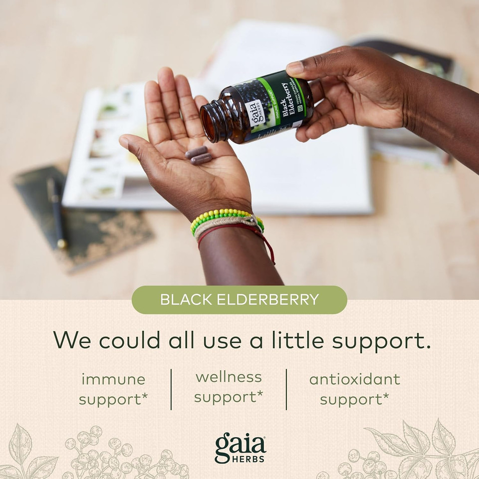 Gaia Herbs Black Elderberry - Daily Immune Support Supplement To Help Maintain Well-Being- With Black Elderberries And Acerola Fruit For Antioxidant Support - 120 Vegan Capsules (60-Day Supply)