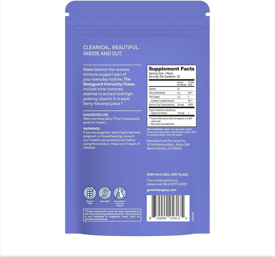 Good.Clean.Goop Wellness The Bodyguard Immunity Chews | Dietary Supplement For Immune Support | Elderberry Extract & Vitamin D | Berry Flavored | Immune System Booster | Pack Of 30 Chews | Non-Gmo