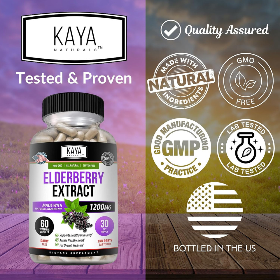 Kaya Naturals Elderberry Immune Support | Elderberry With Zinc And Vitamin C For Adults Elderberry Vitamins, Probiotics & Turmeric 1200Mg Immune System Booster Capsules - 60 Count