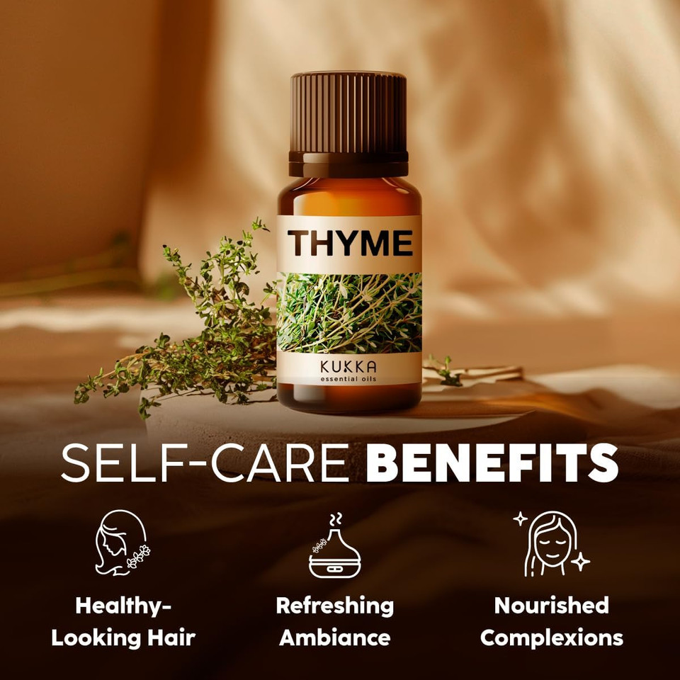 Kukka Thyme Essential Oil - 100% Pure Natural Thyme Oil For Hair, Skin, Diffuser, Diy & Soap Making - Premium Quality Thyme Oil Essential Oil, Fresh Herbaceous Scent (0.34 Fl Oz)