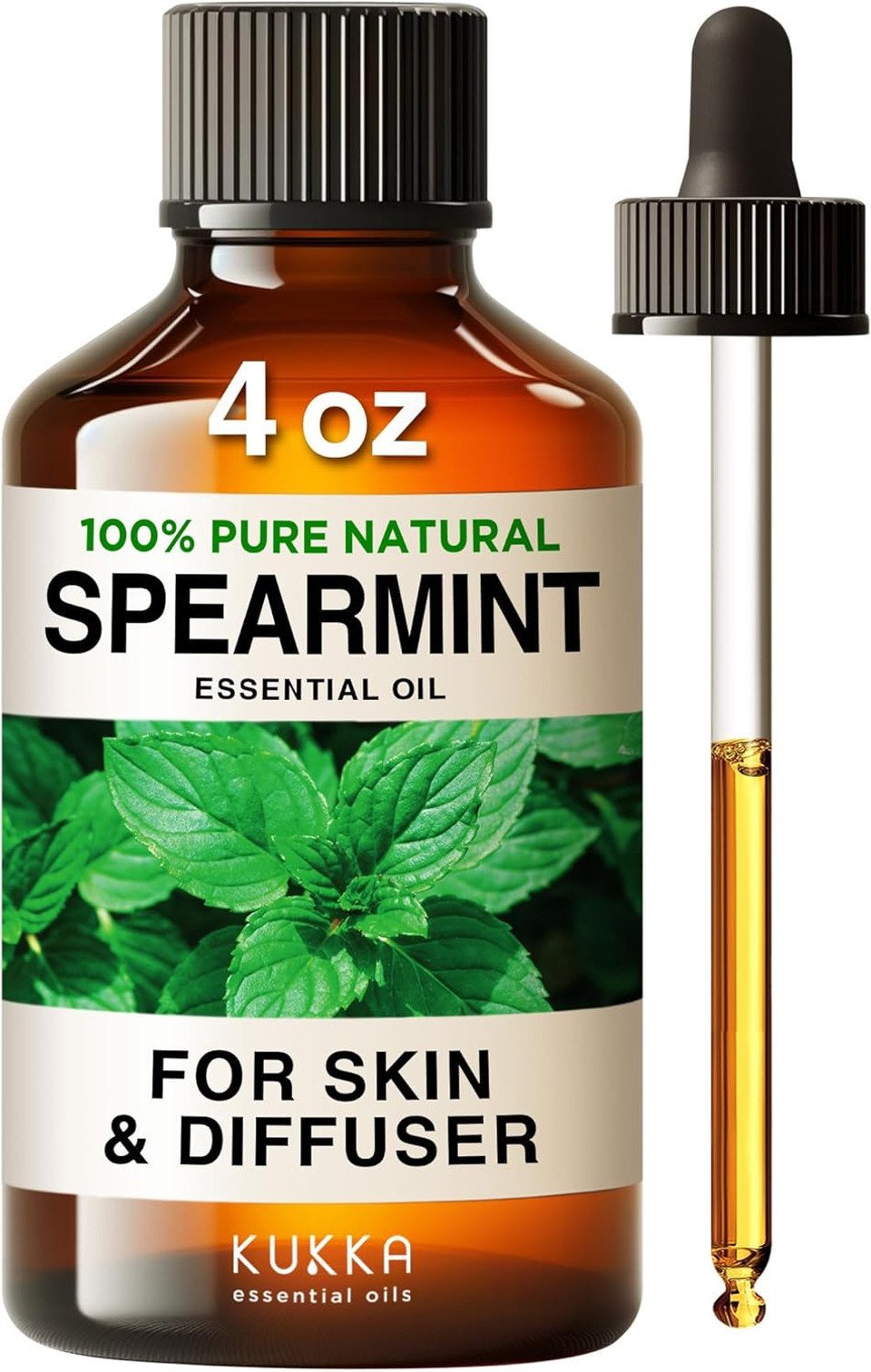 Kukka Spearmint Essential Oil For Facial Hair - 4 Fl Oz - 100% Pure Natural Aromatherapy Spearmint Oil For Skin & Hair Care Diffuser Bath Bombs Candle And Soap Making Scent & Diy
