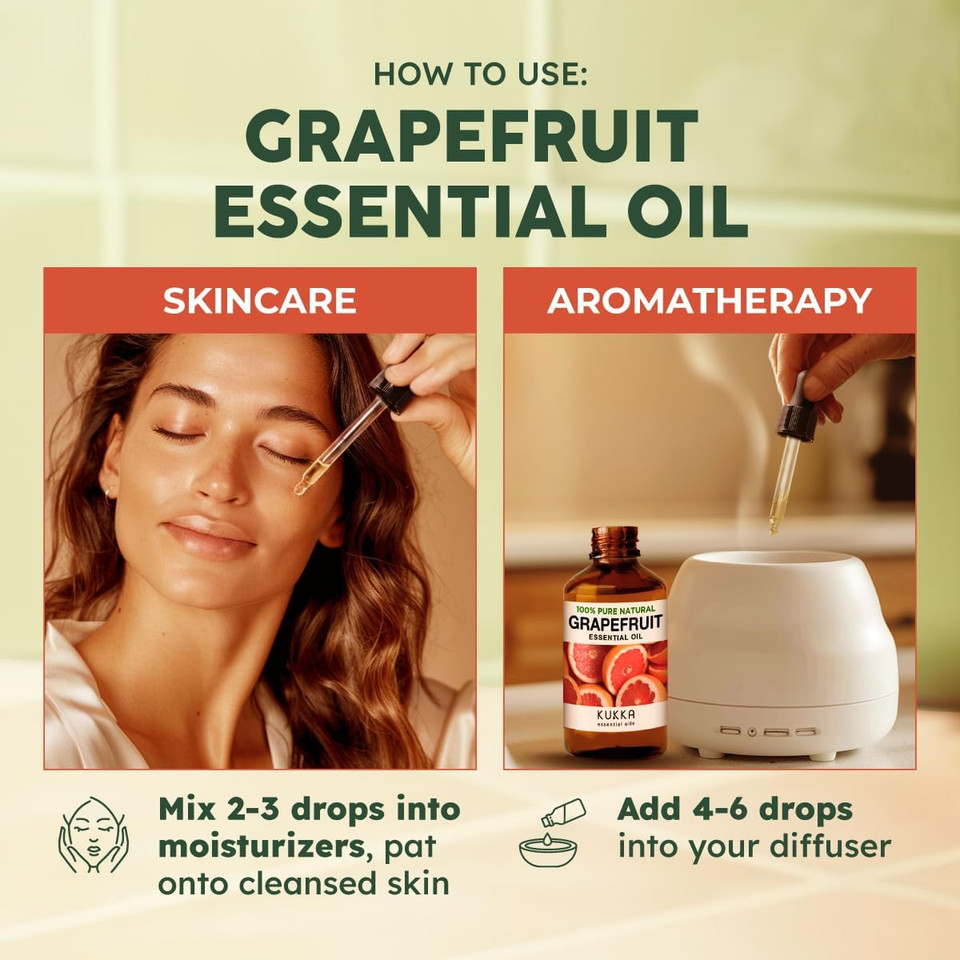 Kukka Grapefruit Essential Oil For Skin - 4 Fl Oz - 100% Natural Aromatherapy Grapefruit Oil For Diffuser & Hair - Soap Making Scent & Diy