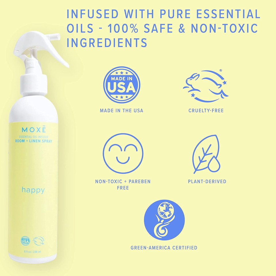 Mox Happy Linen & Room Spray, Uplifting Essential Oils, Natural Aromatherapy Mist, Home & Bedroom, Office, Furniture, Bedding, Pillows, Sheets, Cinnamon, Sweet Fennel, Sage, Thyme, 8 Ounces (1 Pack)