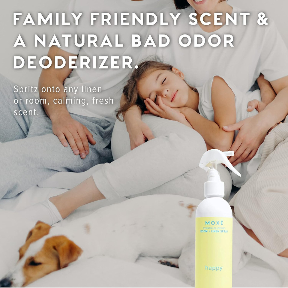 Mox Happy Linen & Room Spray, Uplifting Essential Oils, Natural Aromatherapy Mist, Home & Bedroom, Office, Furniture, Bedding, Pillows, Sheets, Cinnamon, Sweet Fennel, Sage, Thyme, 8 Ounces (1 Pack)