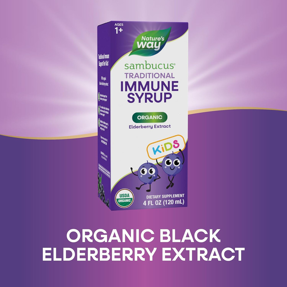 Nature'S Way Sambucus Elderberry Traditional Immune Syrup For Ages 1+, Traditional Immune Support*, Antioxidant Support*, Black Elderberry Extract, Usda Certified Organic, 4 Fl Oz (Packaging May Vary)