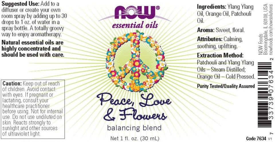 Now Foods Essential Oils, Peace, Love And Flowers, Sweet Floral Aromatherapy Scent, Blend Of Pure Essential Oils, Vegan, Child Resistant Cap, 1-Ounce