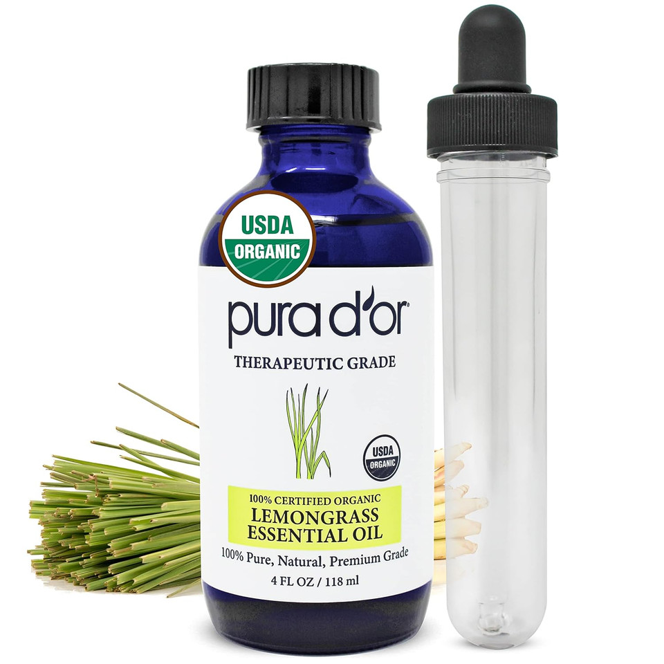 Pura D'Or Organic Lemongrass Essential Oil, 4Oz, Therapeutic Grade, For Hair, Body, Skin, Aromatherapy, Relaxation, Massage, Vitality, Home, Diy Soap