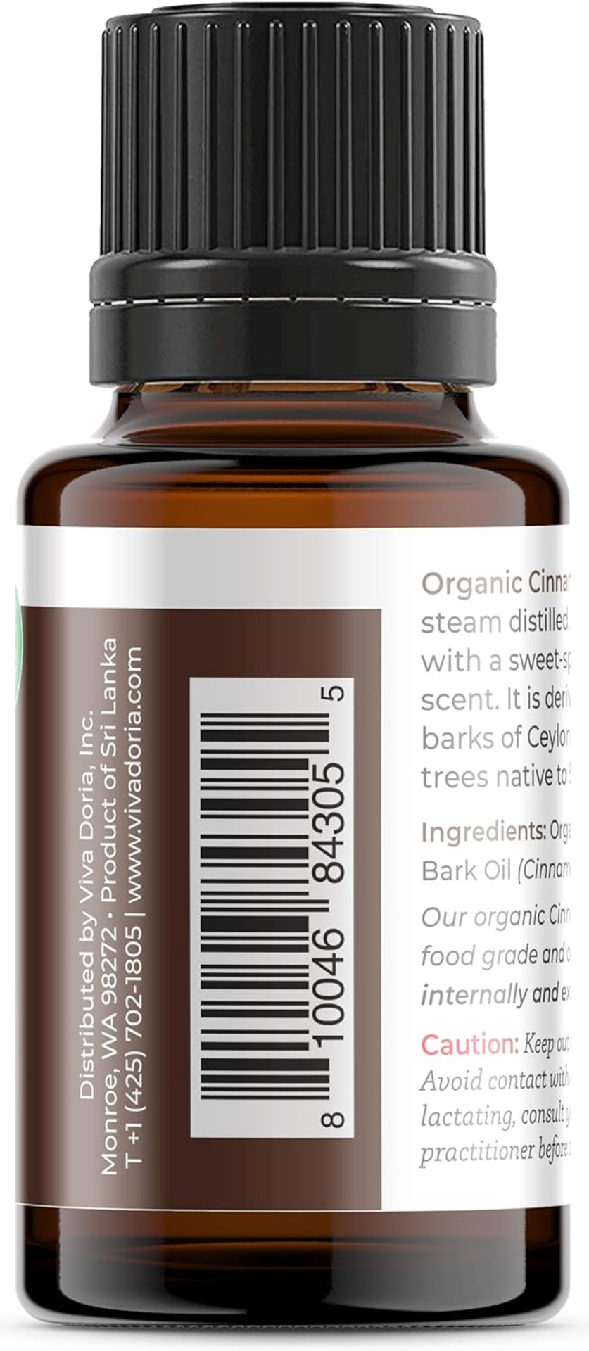 Viva Doria Organic Ceylon Cinnamon Bark Oil - 100% Pure, Natural, Undiluted, Food Grade Essential Oil, 15 Ml (0.5 Fl Oz)