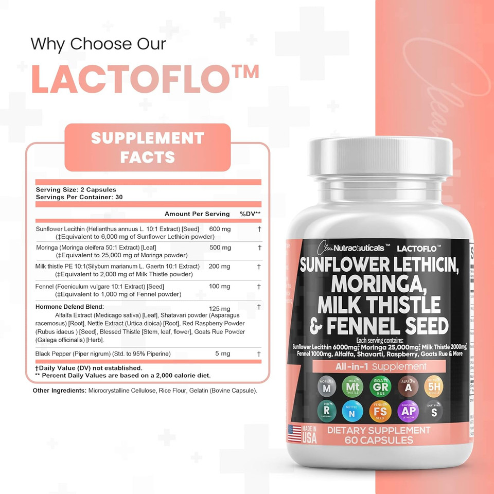 Clean Nutraceuticals Sunflower Lecithin 6000Mg Lactation Supplement With Moringa 25000Mg Milk Thistle 2000Mg Fennel Seed 2000Mg Plus Goats Rue, Shatavari, Alfalfa, & Nettle For Breastfeeding Usa 60 Ct