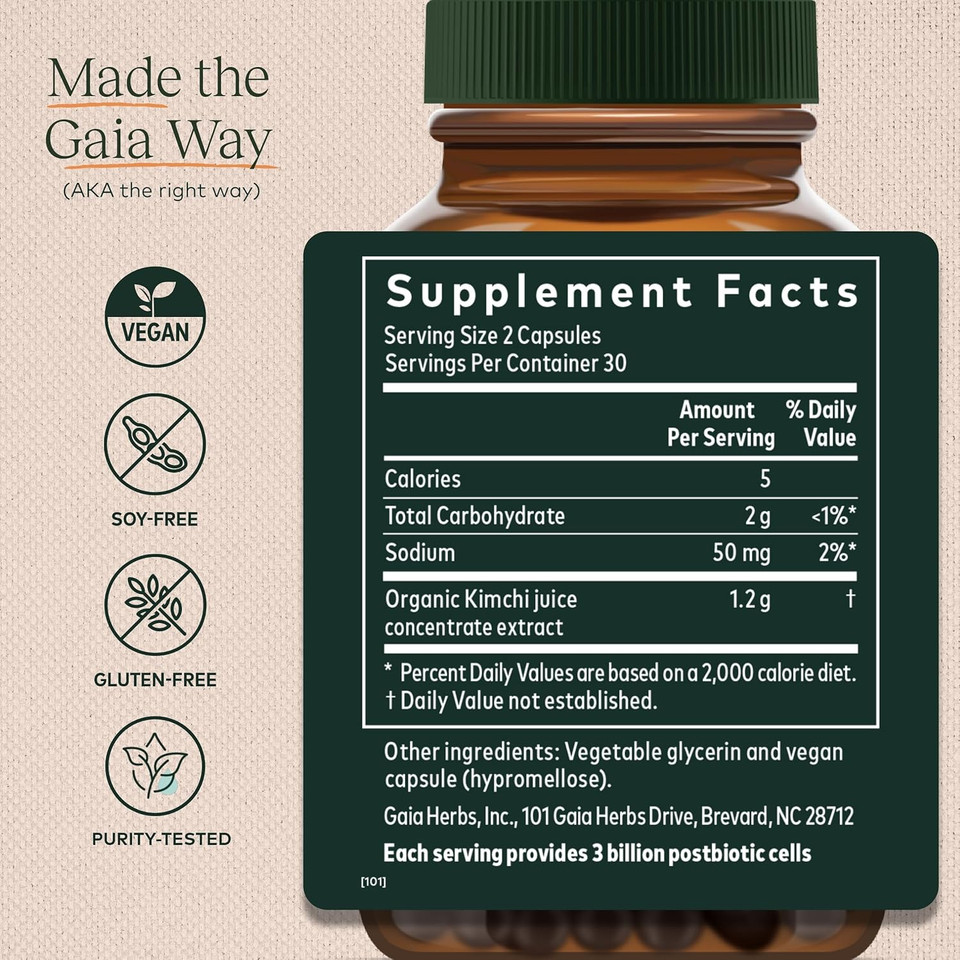 Gaia Herbs Kimchi Postbiotic - Natural Digestive Supplement For Gut Health - Made With Organic Fermented Kimchi - Free From Dairy, Soy & Gluten - 60 Vegan Capsules (30 Servings)