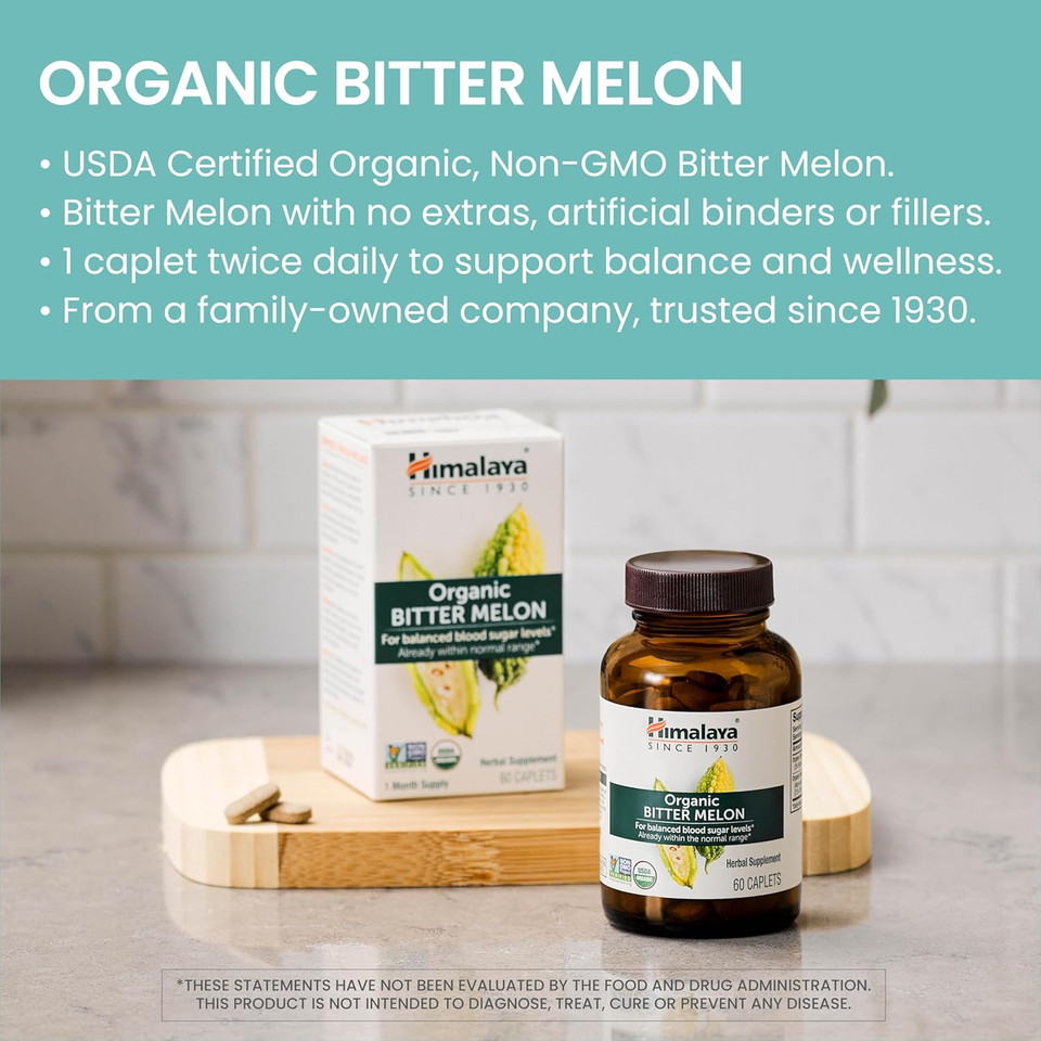 Himalaya Organic Bitter Melon/Karela Herbal Supplement, Glycemic Support And Weight Management, Usda Certified Organic, Non-Gmo, Vegan, 660 Mg, 60 Plant-Based Caplets, 2 Pack