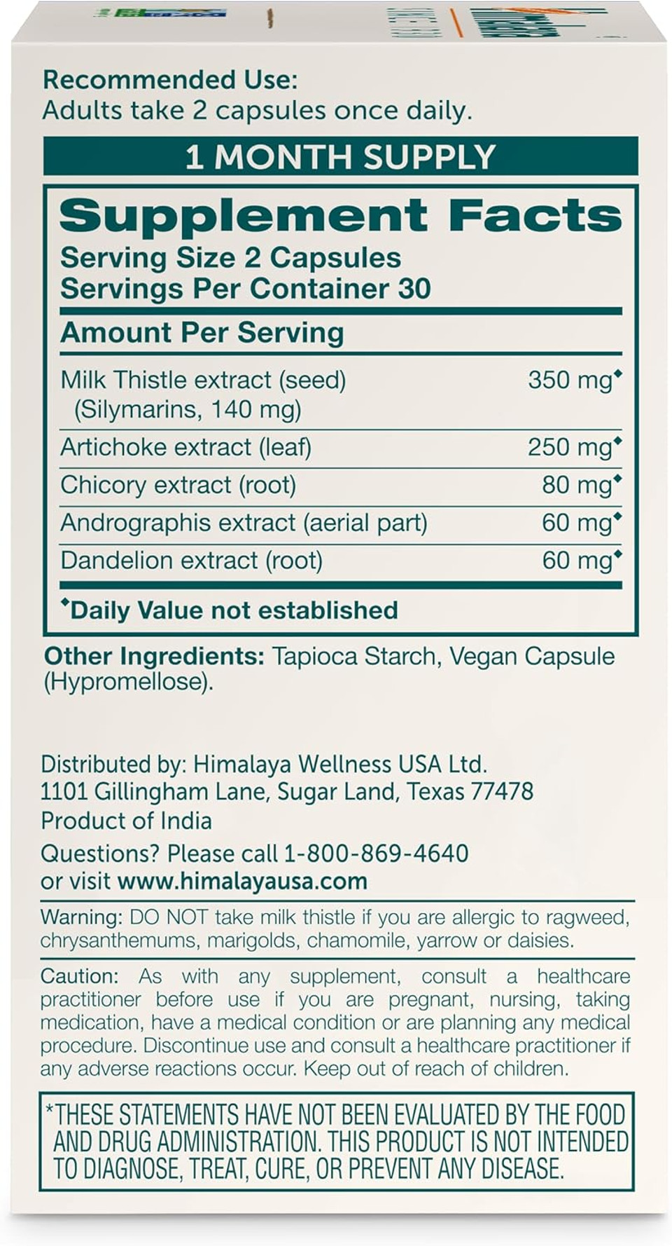 Himalaya Milk Thistle Liver Support Capsules, 60 Count, 350 Mg Milk Thistle With Artichoke, Chicory, Andrographis & Dandelion, Supports Liver Function & Cleansing