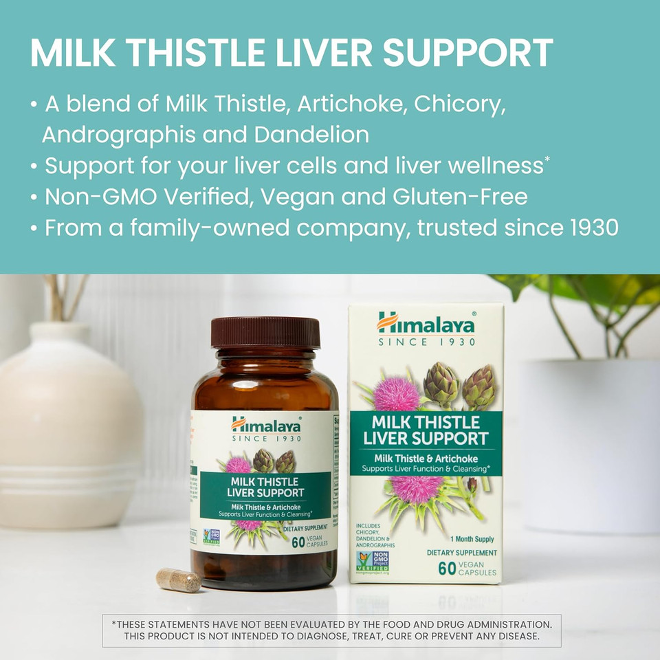 Himalaya Milk Thistle Liver Support Capsules, 60 Count, 350 Mg Milk Thistle With Artichoke, Chicory, Andrographis & Dandelion, Supports Liver Function & Cleansing
