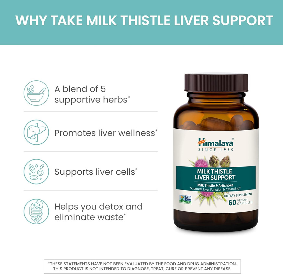 Himalaya Milk Thistle Liver Support Capsules, 60 Count, 350 Mg Milk Thistle With Artichoke, Chicory, Andrographis & Dandelion, Supports Liver Function & Cleansing