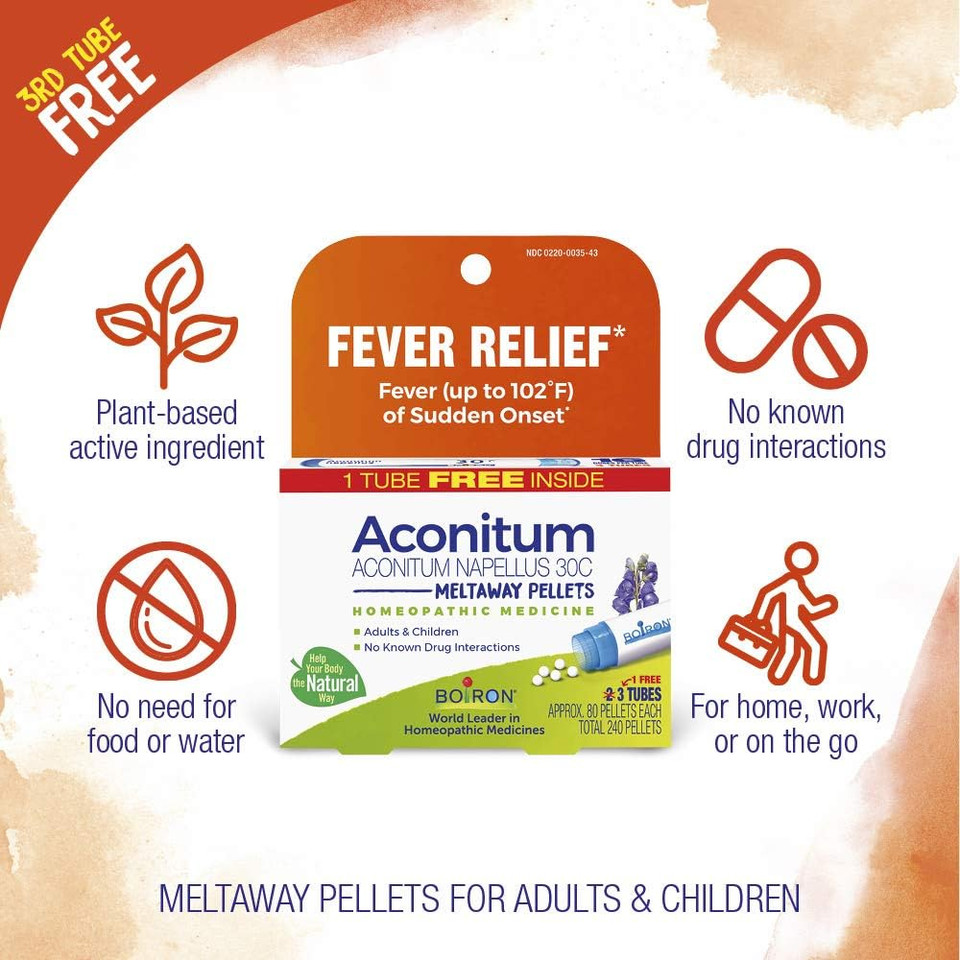 Boiron Aconitum Napellus 30C Homeopathic Medicine Relief From Fever, Hot And Dry Skin, Cough, And Restlessness - 3 Count (240 Pellets)