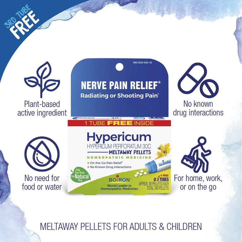 Boiron Hypericum Perforatum 30C Homeopathic Medicine For Relief From Nerve Pain, Toothaches, Pain In Legs Or Back, And Shooting Pains - 3 Count (240 Pellets)