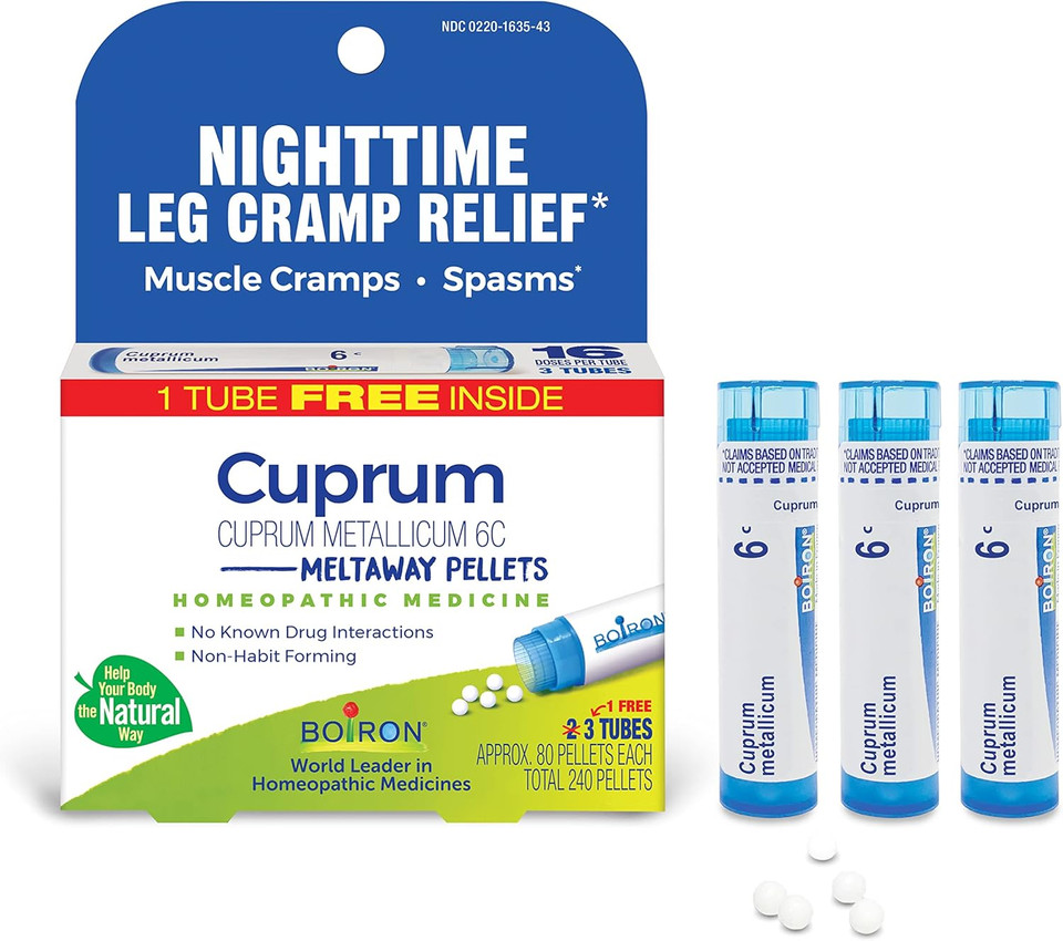 Boiron Cuprum Metallicum 6C Homeopathic Medicine For Nighttime Leg Cramp Relief, Muscle Cramps, And Spasms - 3 Count (240 Pellets)