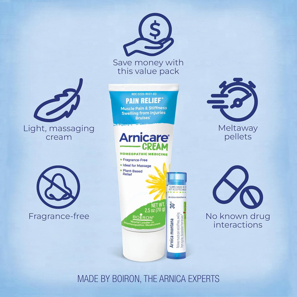 Boiron Arnicare Cream And Arnica 30C Value Pack For Pain Relief, Muscle Soreness, And Swelling From Buising Or Injury - 2.5 Oz + 80 Pellet Tube