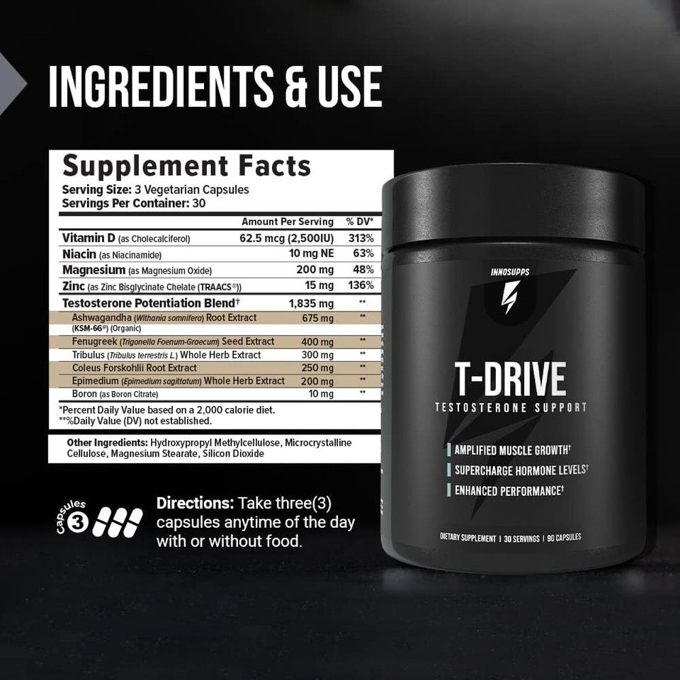 Innosupps : T-Drive | Testosterone Booster | Amplify Muscle Growth | Ksm-66 Ashwagandha, Boron, Fenugreek | 90 Capsules
