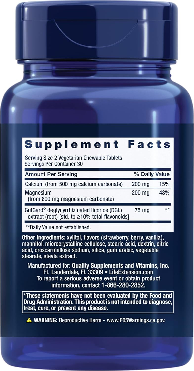 Life Extension Esophacool - Gut Health Supplements With Calcium, Magnesium & Dgl Licorice Root Extract For Healthy Digestion Stomach Relief & Ph Balance - Gluten-Free, Vegetarian - 60 Chewable Tablets