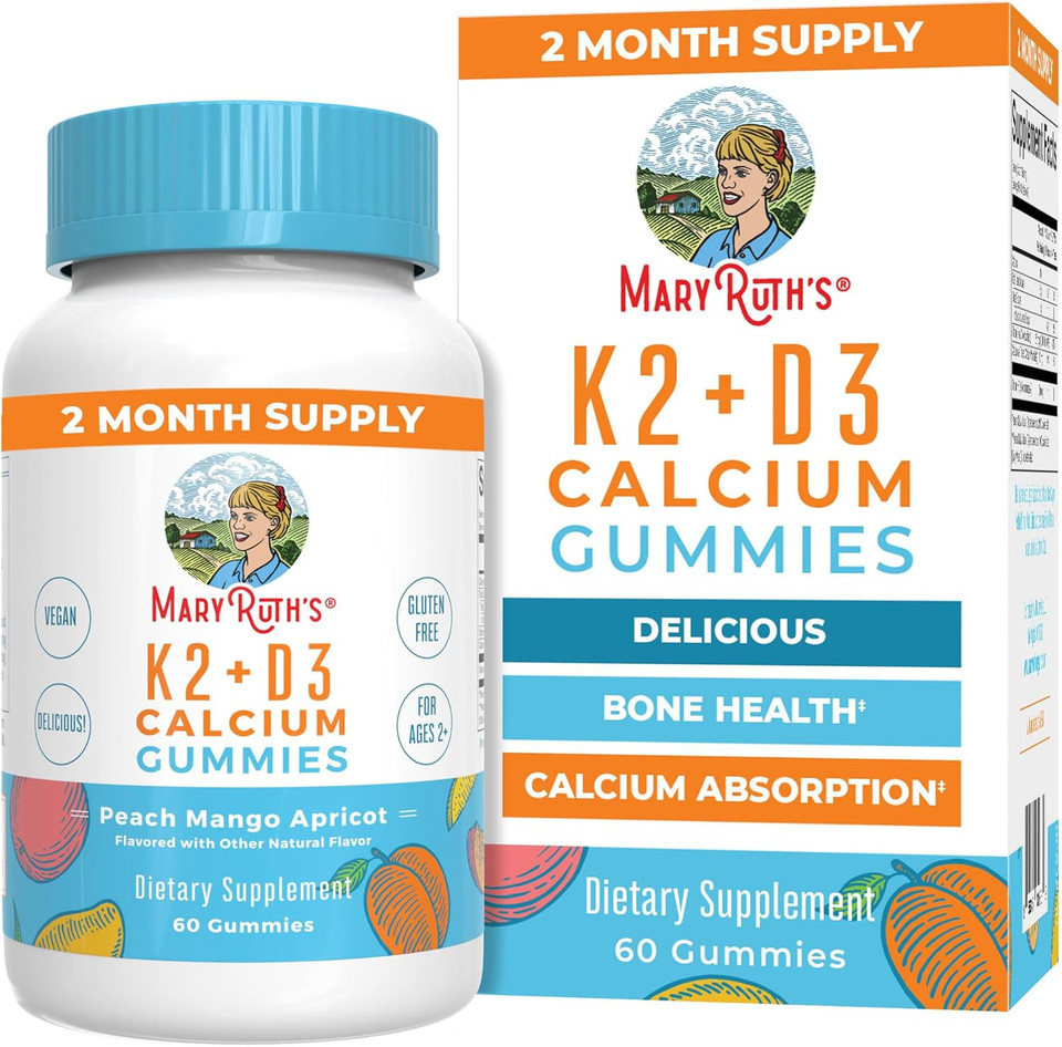 Maryruth Organics Calcium With Vitamin D & Vitamin K2, 2 Month Supply, Calcium Supplement Supports Bone Health & Joint Support, With Vitamins D3 K2 Gummies, Vegan, Non-Gmo, Gluten Free, 60 Count