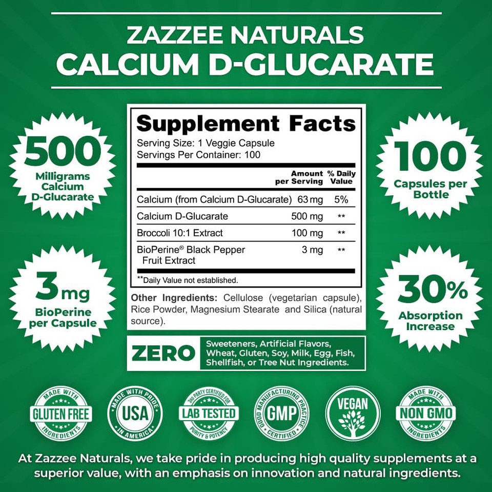 Zazzee High Absorption Calcium D-Glucarate, 500 Mg Per Capsule, 3 Mg Bioperine For Enhanced Absorption, 100 Vegan Capsules, Plus Broccoli 10:1 Extract, 100% Vegetarian, Cdg, All-Natural And Non-Gmo
