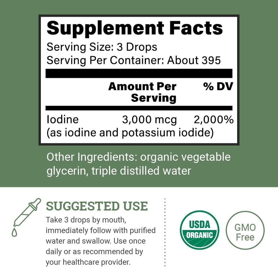 Organic Lugol'S Iodine, Iodine And Potassium Iodide 2% Solution 3000 Mcg - Liquid Supplement Drops For Thyroid Support For Women & Men, Metabolism Health, Detox Boost - Non-Gmo, 395 Servings (2 Oz)