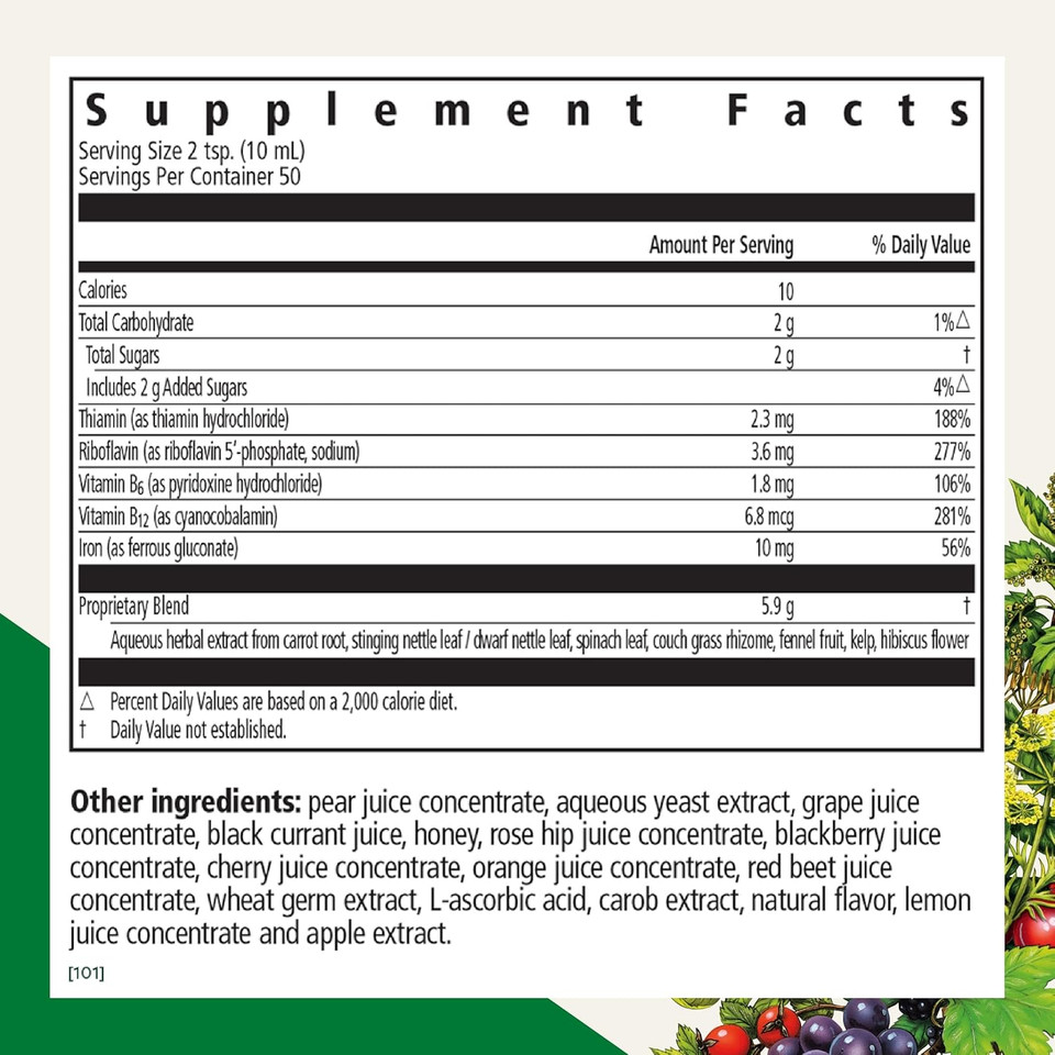 Floradix By Salus Iron & Herbs - Liquid Herbal Supplement For Energy Support - Iron Supplement With Vitamin C & B Complex Vitamins - Liquid Iron Supplement For Men & Women - 17 Oz