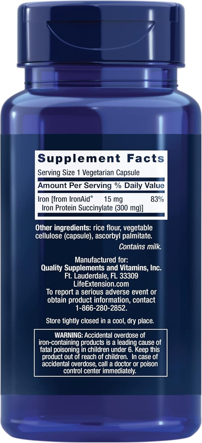 Life Extension Iron Protein Plus, Iron Protein Succinylate, Absorbable Iron Supplement For Whole-Body Health, Non-Gmo, Gluten-Free, Vegetarian, 100 Capsules