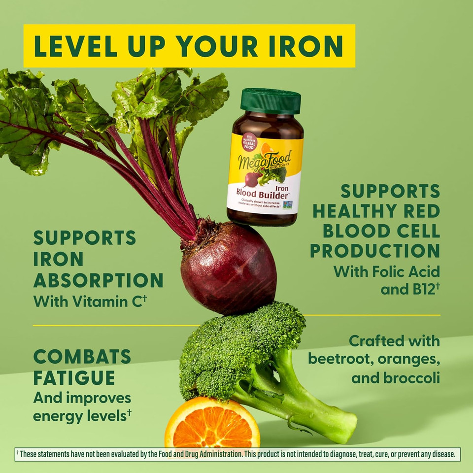 Megafood Blood Builder - Iron Supplement Clinically Shown To Increase Iron Levels Without Side Effects - Iron Supplement For Women With Vitamin C, Vitamin B12 And Folic Acid - Vegan - 180 Tabs