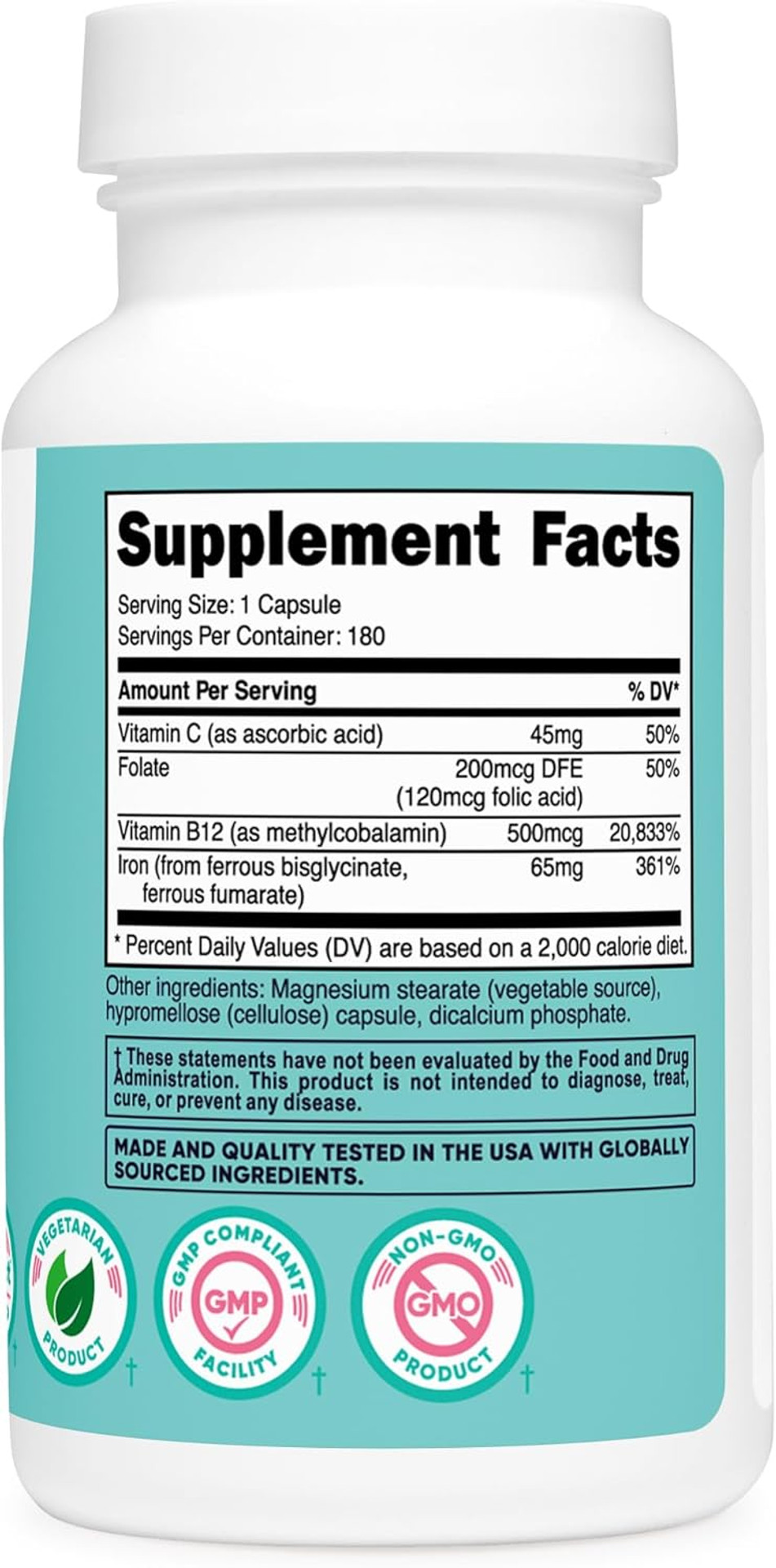 Nutricost Iron For Women 65Mg, 180 Capsules, With Vitamin C, Folate, & Vitamin B12 - Vegetarian Friendly, Non-Gmo, Gluten Free