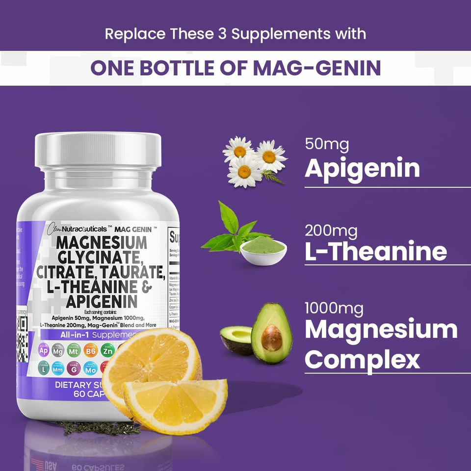 Magnesium Glycinate Complex 1000Mg With L-Theanine 200Mg Apigenin 50Mg Citrate Taurate Supplement - 5-Htp Gaba Passion Flower Lemon Balm L-Glycine Phosphatidylserine Ashwagandha - 60 Count
