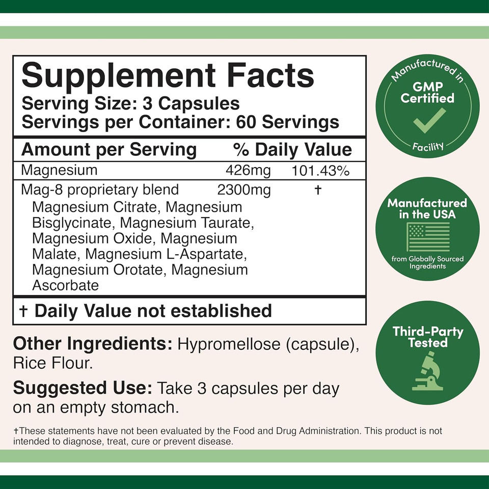 Magnesium Complex Supplement 180 Capsules (436Mg Elemental Magnesium Provided By 2,300Mg Of Eight Different Forms Of Magnesium) Mag-8 Provides 100% Daily Recommended Value Of Magnesium By Double Wood