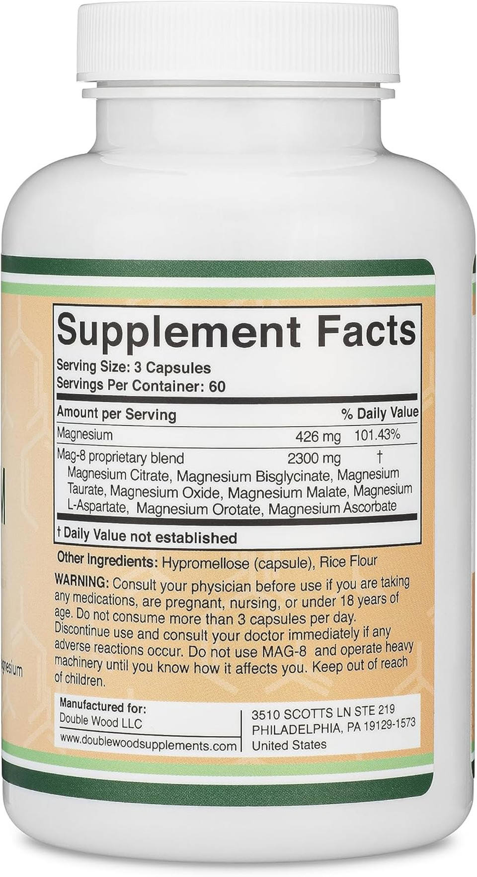 Magnesium Complex Supplement 180 Capsules (436Mg Elemental Magnesium Provided By 2,300Mg Of Eight Different Forms Of Magnesium) Mag-8 Provides 100% Daily Recommended Value Of Magnesium By Double Wood