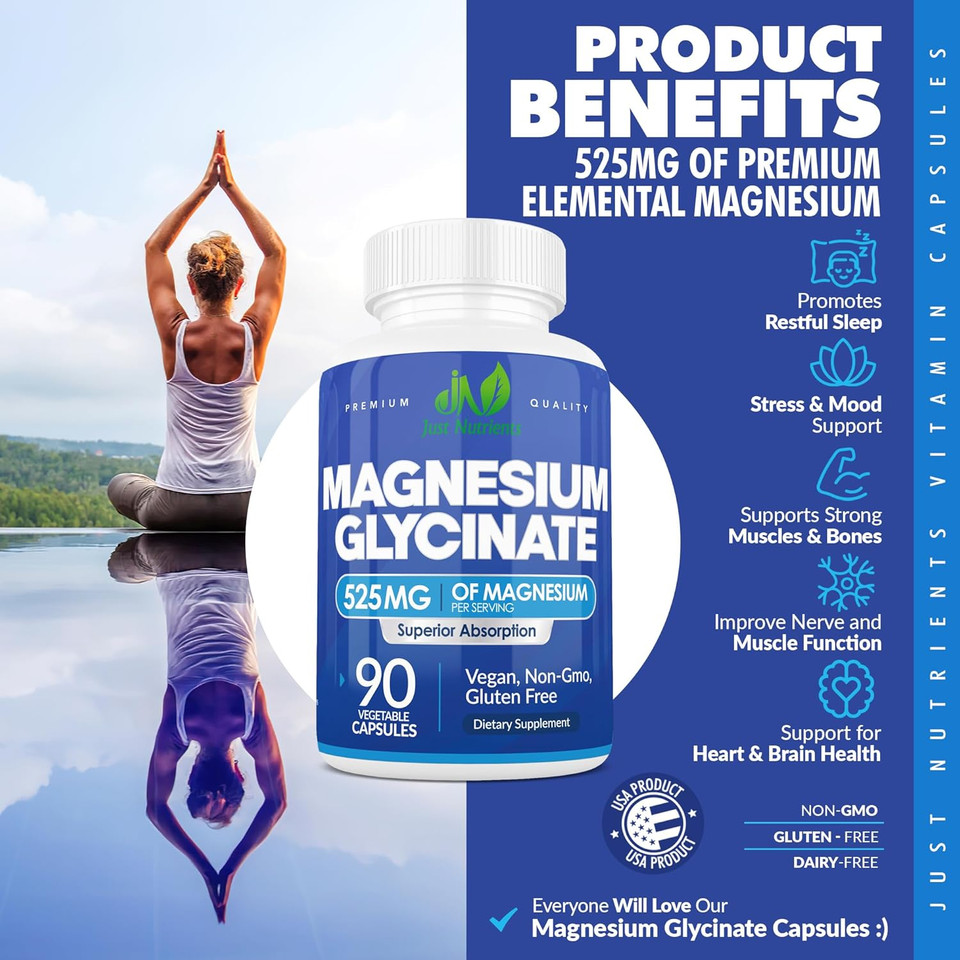 Magnesium Glycinate 525Mg - Over 500Mg Of Premium Elemental Magnesium Glycinate For Sleep, Immunity, Heart, Bones, Muscles, Digestion - Maximum Absorption, Non-Gmo - 90 Count