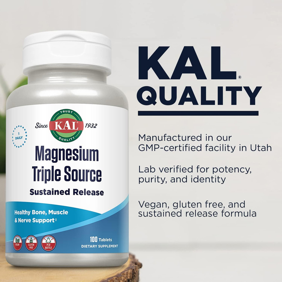 Kal Triple Source Magnesium Complex, Magnesium Citrate, Magnesium Malate, Magnesium Oxide, Sustained Release, Bone, Muscle, Nerve Support, Vegan, Gluten Free, 60-Day Guarantee, 100 Servings, 100 Tabs