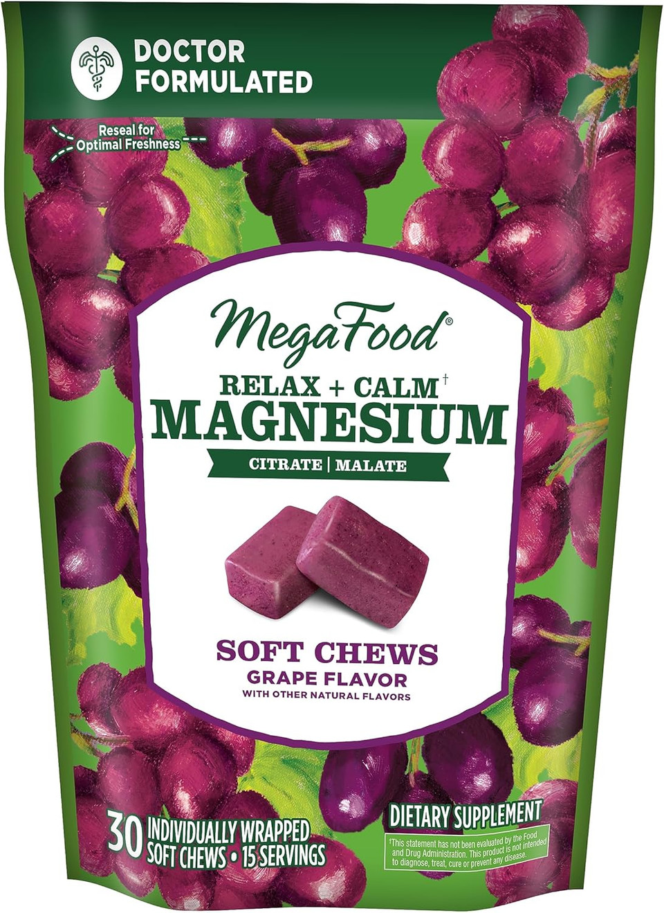 Megafood Relax + Calm Magnesium Supplement - Soft Chews With Magnesium Citrate & Magnesium Malate For Heart Health, Muscle Tension & More - Vegetarian - Grape-Flavor - 30 Chews Per Pack (Pack Of 1)