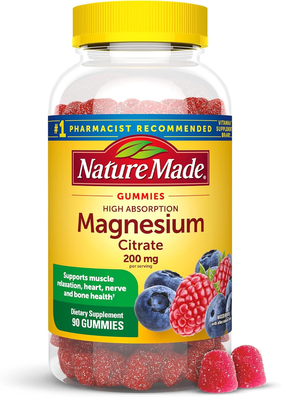 Nature Made High Absorption Magnesium Citrate 200 Mg Per Serving, Magnesium Supplement For Muscle, Nerve, Bone And Heart Support, 90 Magnesium Gummies, 45 Day Supply