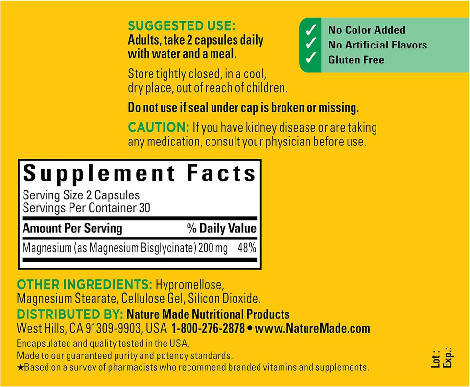 Nature Made Magnesium Glycinate 200 Mg Per Serving, Magnesium Supplement For Muscle, Heart, Nerve And Bone Support, 60 Magnesium Bisglycinate Capsules, 30 Day Supply