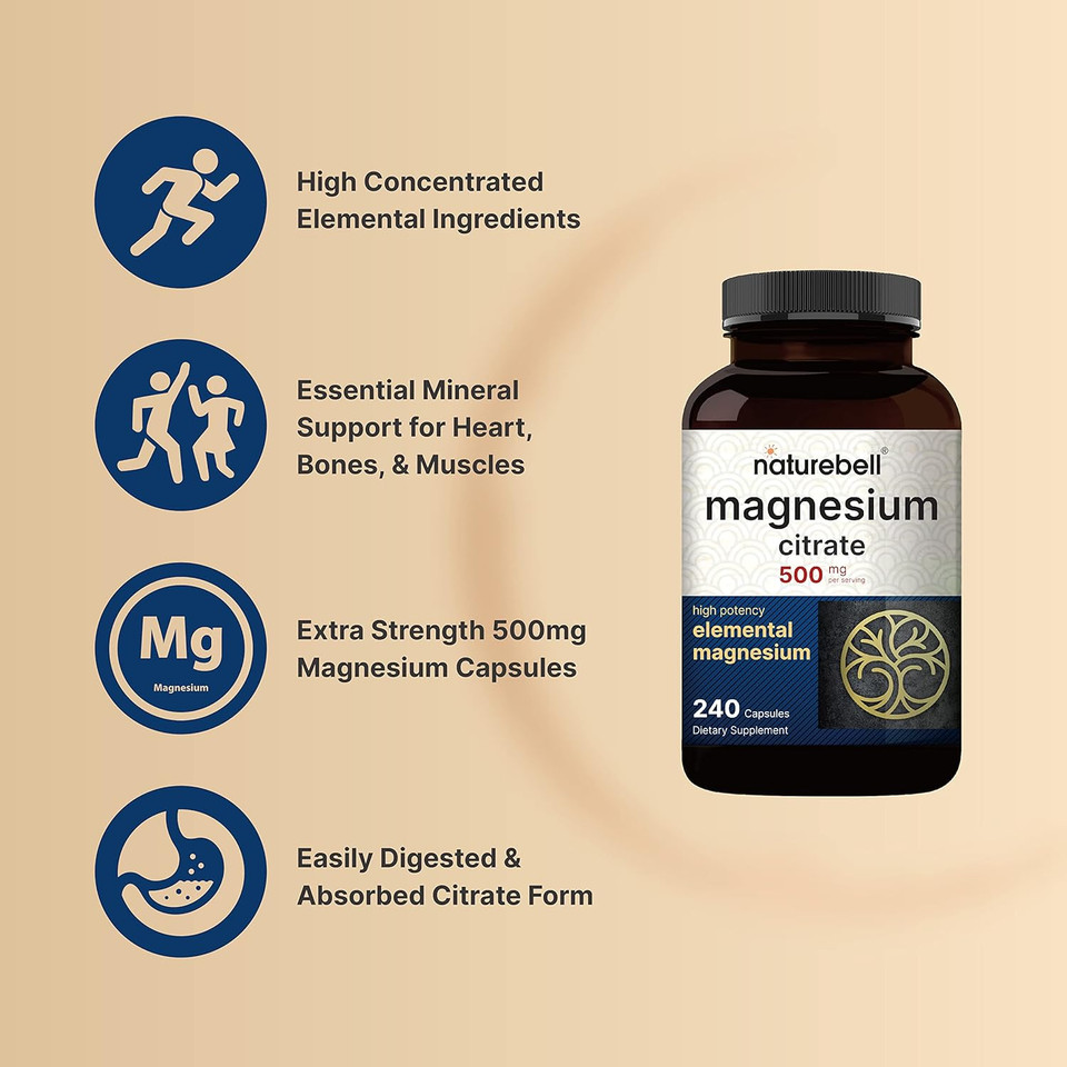 Naturebell 2 Pack Magnesium Citrate 500Mg, 480 Capsules | High Purity Elemental Form  Extra Strength | Essential Mineral For Heart, Muscle, & Digestion Support  Non-Gmo & No Gluten