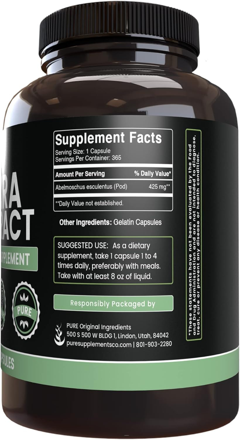 Pure Original Ingredients Okra Extract (365 Capsules) No Magnesium Or Rice Fillers, Always Pure, Lab Verified