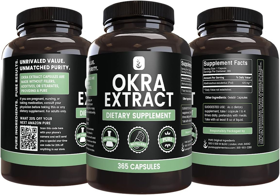 Pure Original Ingredients Okra Extract (365 Capsules) No Magnesium Or Rice Fillers, Always Pure, Lab Verified